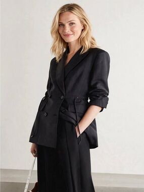 CO Blazer Jacket Black Pinstripe Wool Blend Tie Waist Pockets Size L